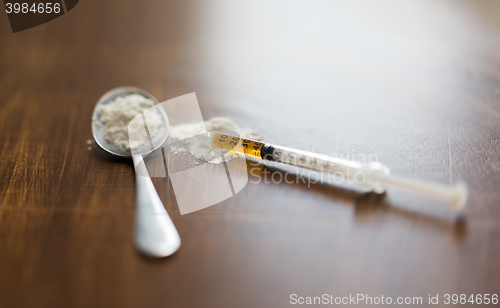 Image of close up of spoon and syringe with drug dose