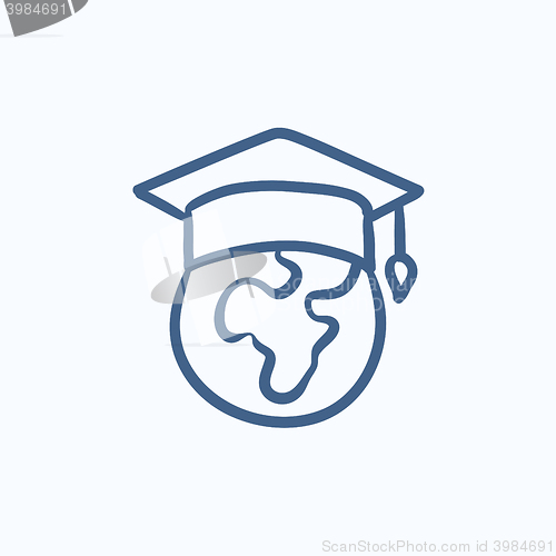 Image of Globe in graduation cap sketch icon.
