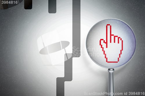 Image of Marketing concept:  Mouse Cursor with optical glass on digital background