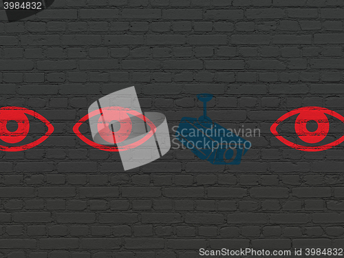 Image of Safety concept: cctv camera icon on wall background