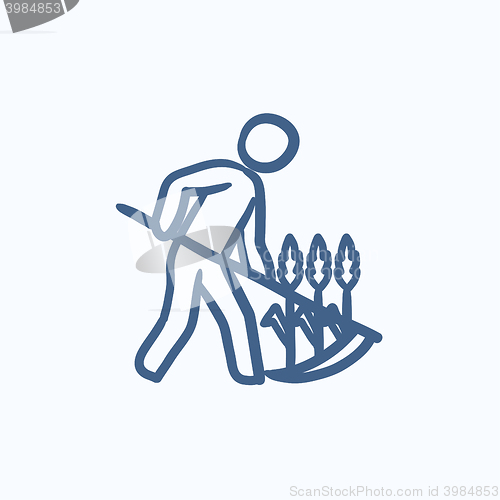 Image of Man mowing grass with scythe sketch icon.