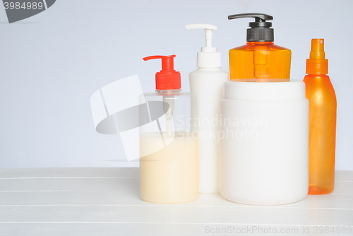 Image of Group of cosmetic bottles isolated on white