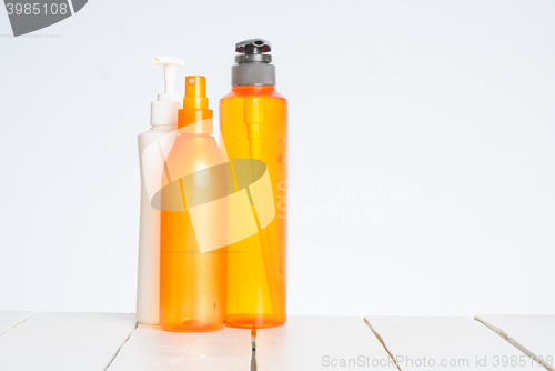 Image of Group of cosmetic bottles isolated on white