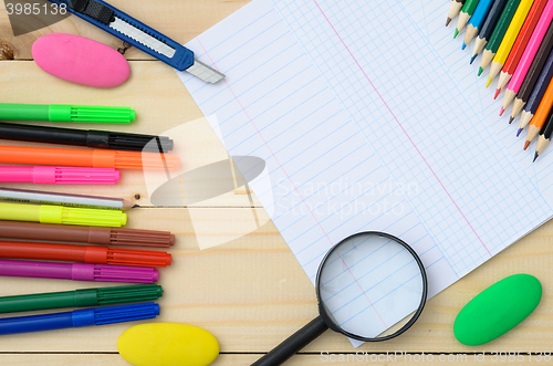 Image of School stationery with notebook copyspace