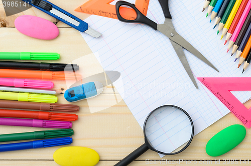 Image of School stationery with notebook copyspace