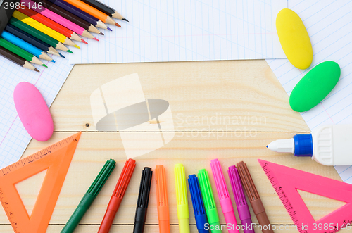 Image of School stationery with notebook copyspace