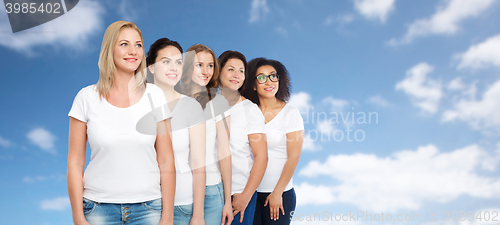 Image of group of happy different women in white t-shirts