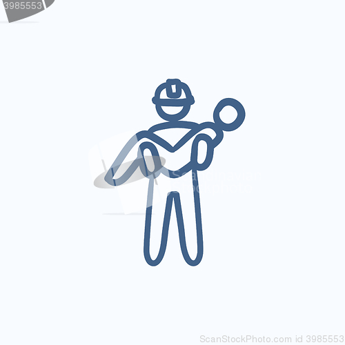 Image of Fireman holding person on hands sketch icon.