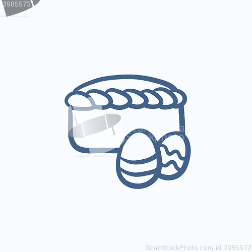 Image of Easter cake with eggs sketch icon.