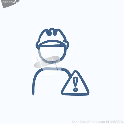 Image of Worker with caution sign sketch icon.