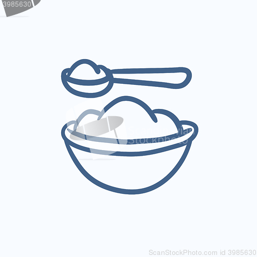 Image of Baby spoon and bowl full of meal sketch icon.