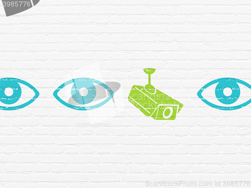 Image of Security concept: cctv camera icon on wall background