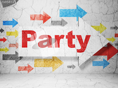 Image of Entertainment, concept: arrow with Party on grunge wall background