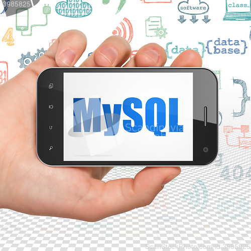 Image of Database concept: Hand Holding Smartphone with MySQL on display
