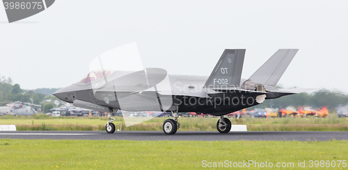 Image of LEEUWARDEN, THE NETHERLANDS - JUNE 10, 2016: Dutch F-35 on the r