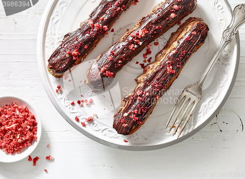 Image of freshly baked chocolate eclairs