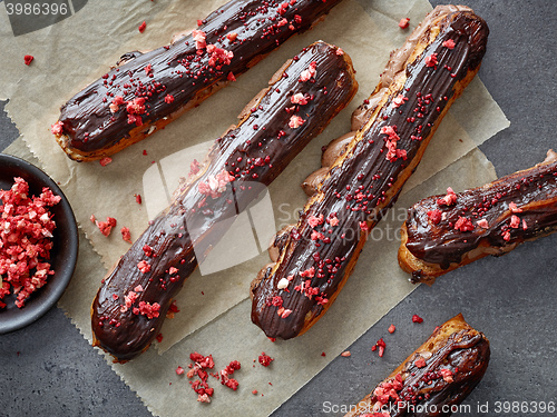 Image of freshly baked chocolate eclairs