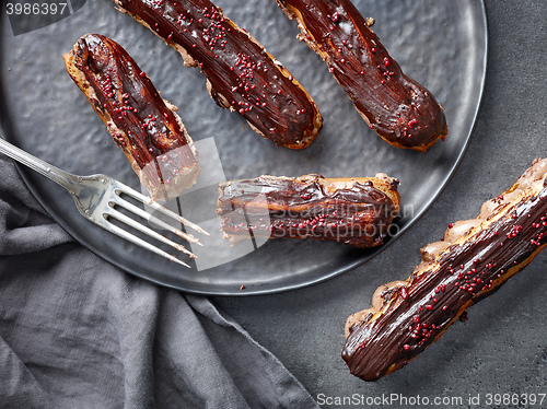 Image of freshly baked chocolate eclairs