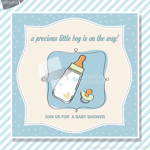 Image of baby boy shower card with milk bottle and pacifier