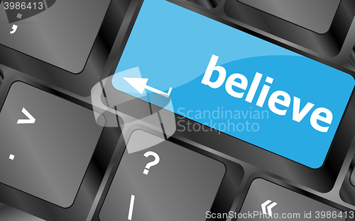 Image of Social media key with believe text on laptop keyboard. Keyboard keys icon button vector