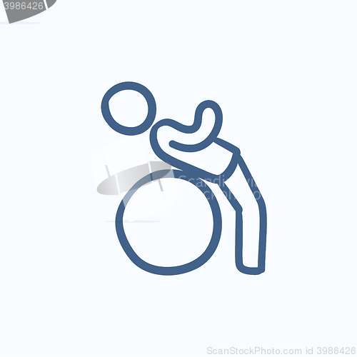 Image of Man doing exercises lying on gym ball sketch icon.
