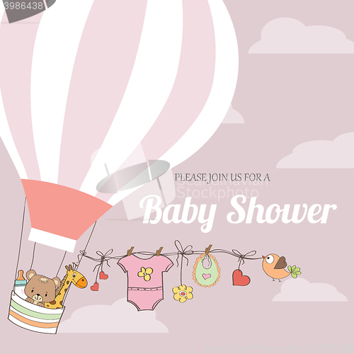 Image of baby girl shower card with hot air balloon