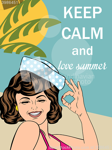 Image of Retro style illustration with message \"Keep calm and love summer