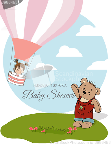 Image of baby girl shower card with hot air balloon