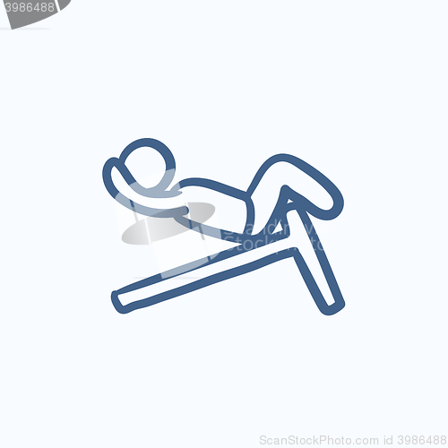 Image of Man doing crunches on incline bench sketch icon.