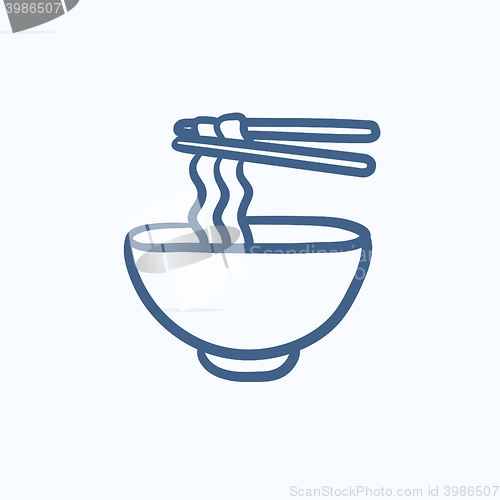 Image of Bowl of noodles with pair chopsticks sketch icon.