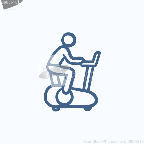 Image of Man training on exercise bike sketch icon.
