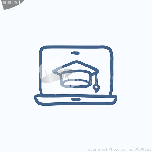 Image of Laptop with graduation cap on screen sketch icon.