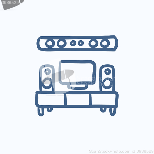 Image of TV flat screen and home theater sketch icon.