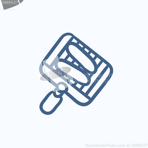 Image of Grilled sausage on grate for barbecue sketch icon.