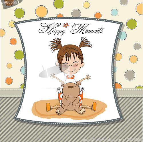 Image of happy moments card with little bear and her teddy bear