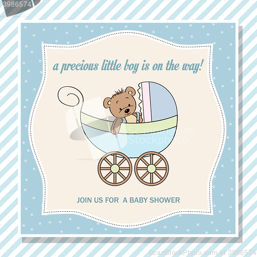 Image of baby boy shower card with stroller and teddy bear