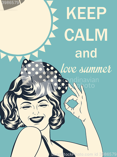 Image of Retro style illustration with message \"Keep calm and love summer
