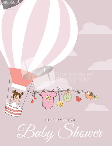 Image of baby girl shower card with hot air balloon