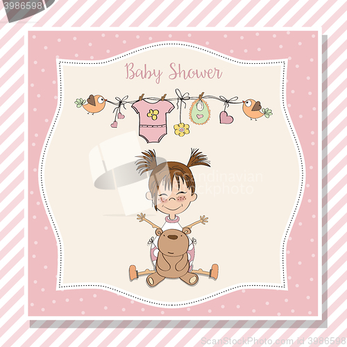 Image of baby girl shower card with little girl and her teddy bear