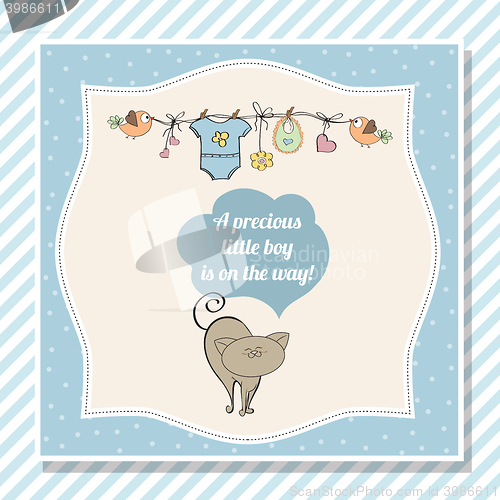 Image of baby boy shower card with little cat