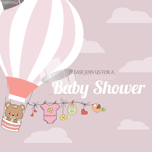 Image of baby girl shower card with hot air balloon