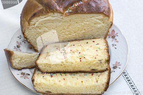 Image of Appetizing sweet white bread on the plate.