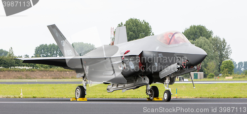 Image of LEEUWARDEN, THE NETHERLANDS - JUNE 10, 2016: Dutch F-35 on the r