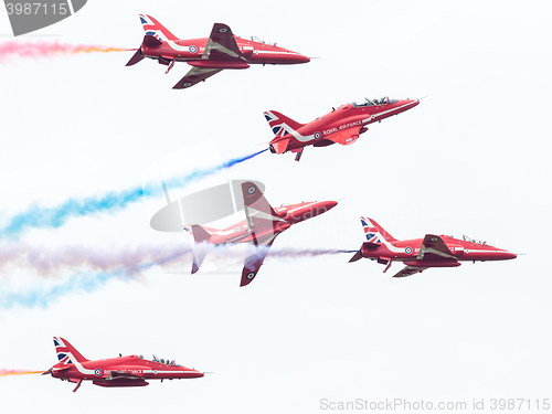 Image of LEEUWARDEN, THE NETHERLANDS - JUNE 10, 2016: RAF Red Arrows perf