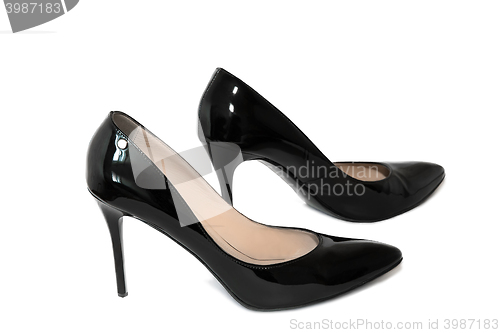 Image of Black shoes for women high heel on a white background.