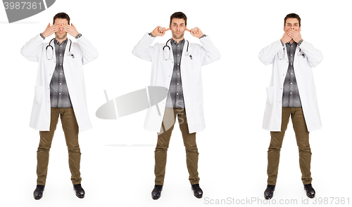 Image of Doctor isolated on white - Sees, hears and speaks no evil 