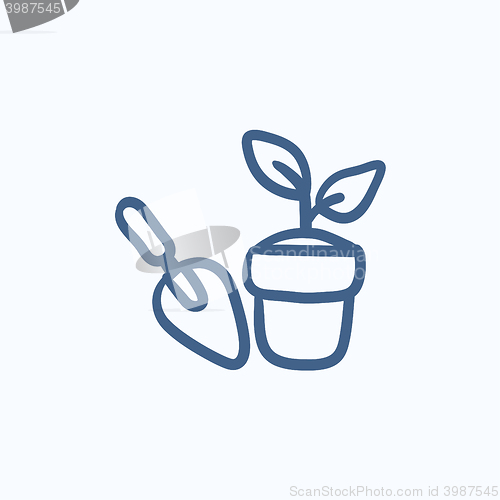 Image of Garden trowel and pot with plant sketch icon.