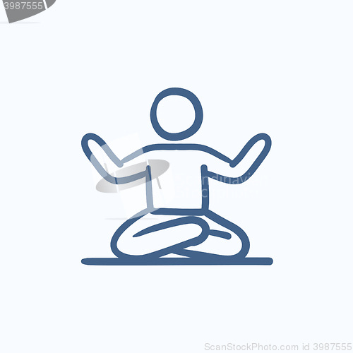 Image of Man meditating in lotus pose sketch icon.