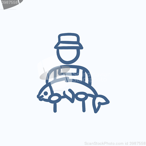 Image of Fisherman with big fish sketch icon.
