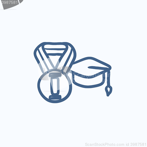 Image of Graduation cap with medal sketch icon.